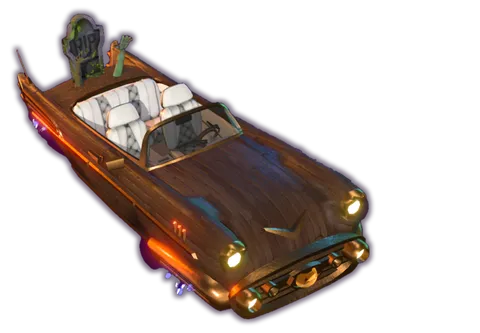 A rusted hearse convertible with a tombstone on the back and glowing orange headlights